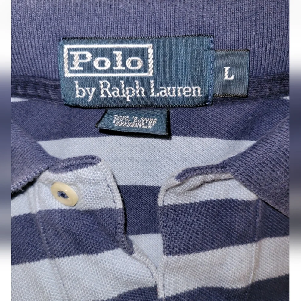 Vintage Polo Ralph Lauren Knit Shirt Mens Large Blue Striped Yellow Pony 90s